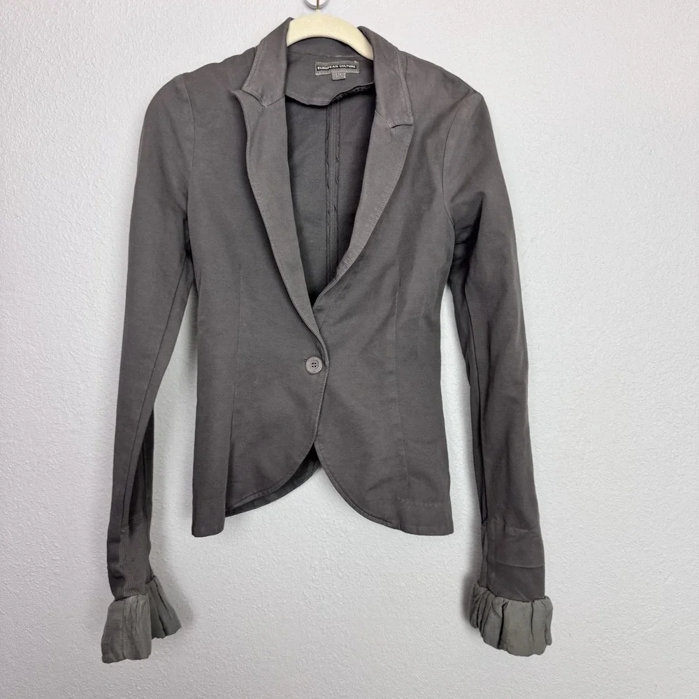 European Culture Italy Gray Fitted Blazer Jacket Ruffle Cuff Stretch Cotton Sz S